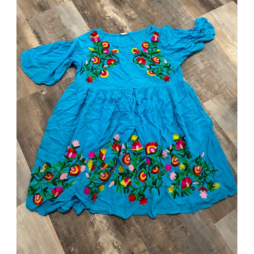 Riviera Sun Blue Floral Embroidered Boho Babydoll Tunic Top Mini Dress Large